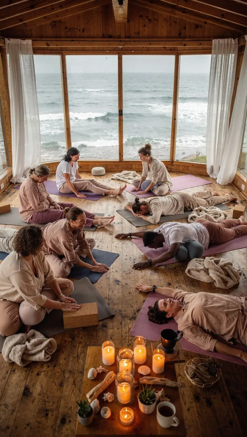 Una persona realizando una postura de yoga en una esterilla, con velas y inciensos en el fondo.