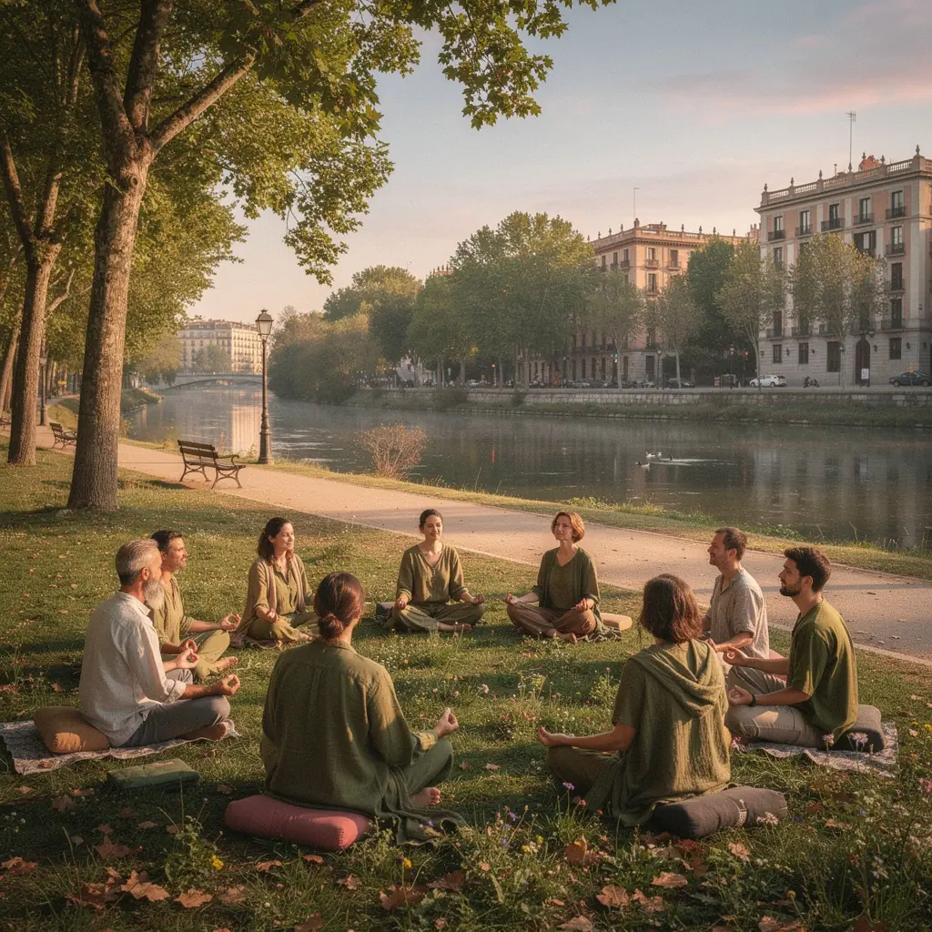 Un grupo de personas meditando en una sala iluminada, creando un ambiente de paz y tranquilidad.