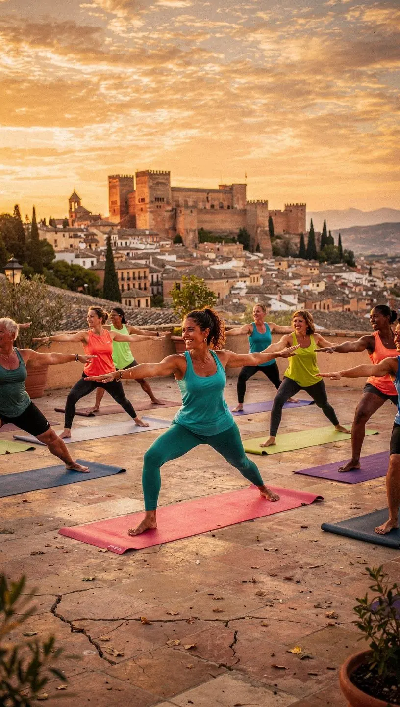 Una mujer practicando yoga al amanecer en un entorno natural, rodeada de árboles y flores.